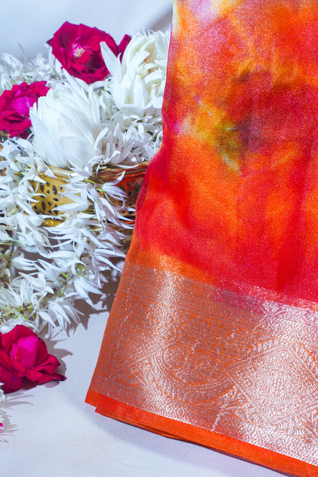 Multicolor Orange Organza Badal Print Saree