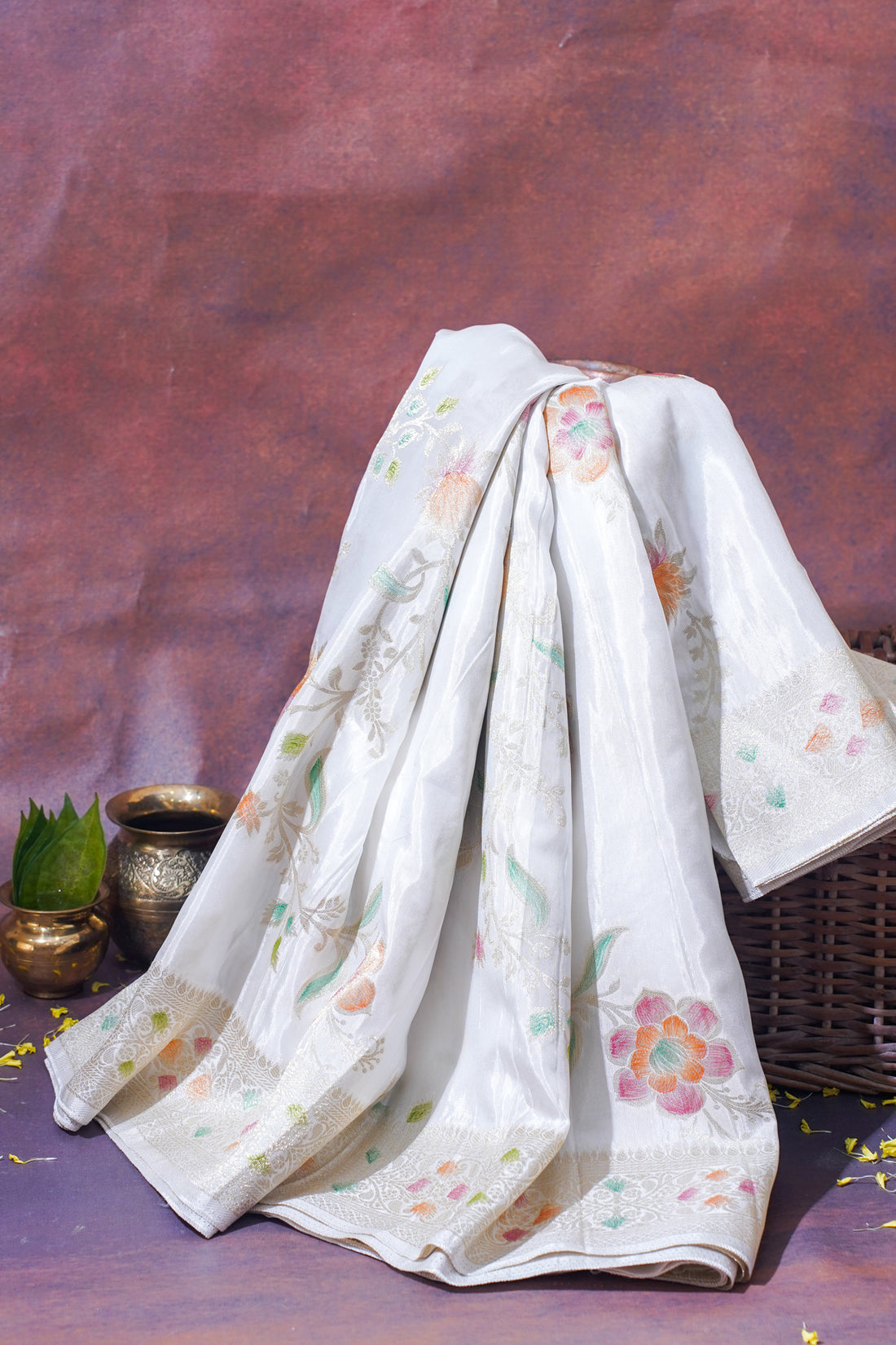 Ivory White Chinya Silk Minakari Jaal Saree