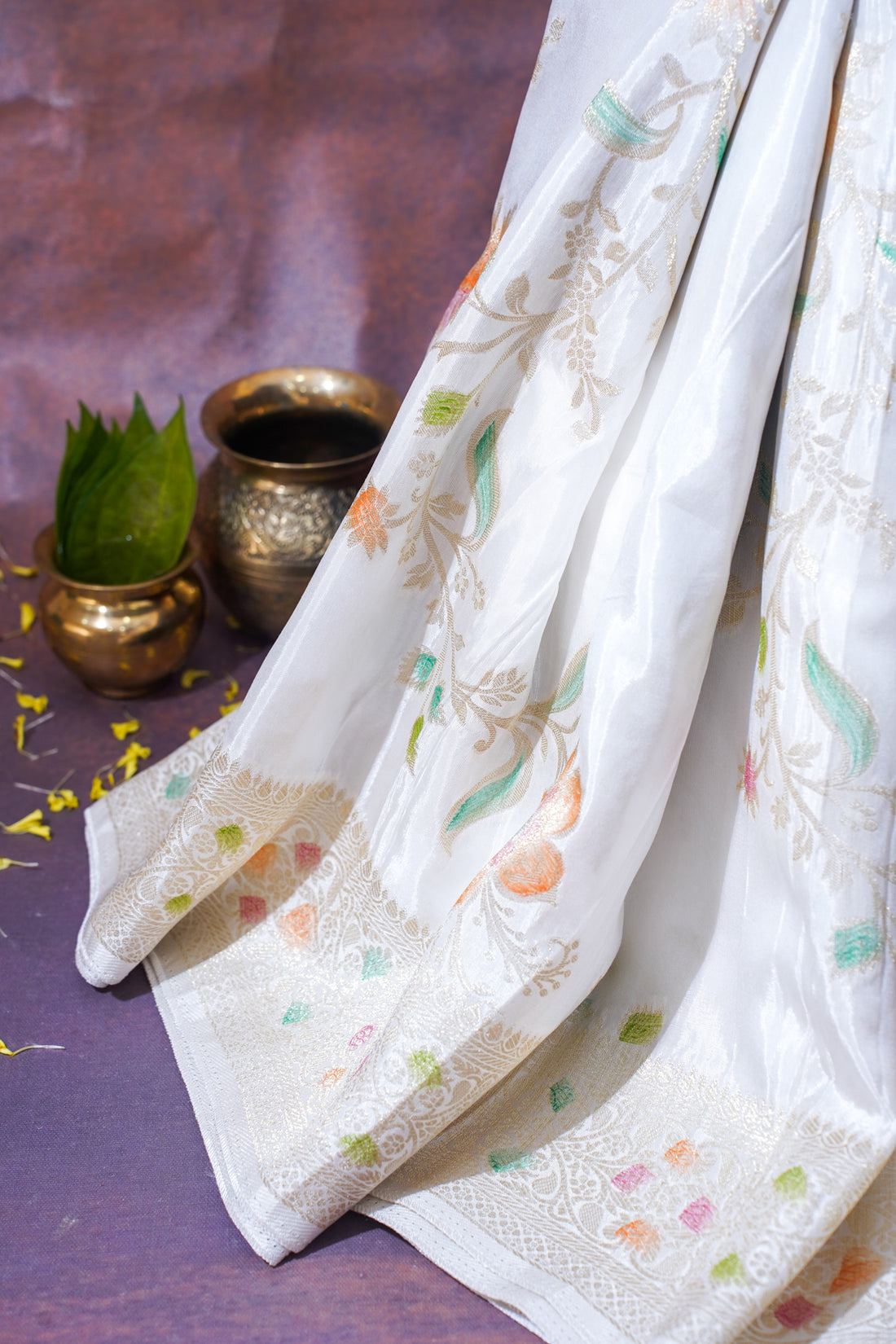 Ivory White Chinya Silk Minakari Jaal Saree
