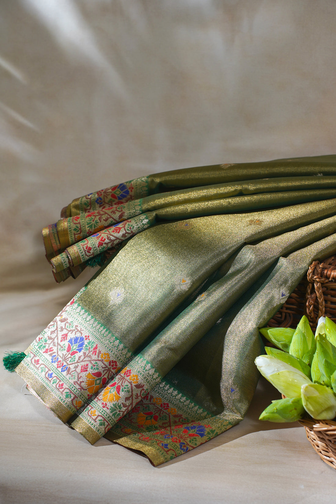 Olive Green Paithani Minakari Tissue Silk Saree