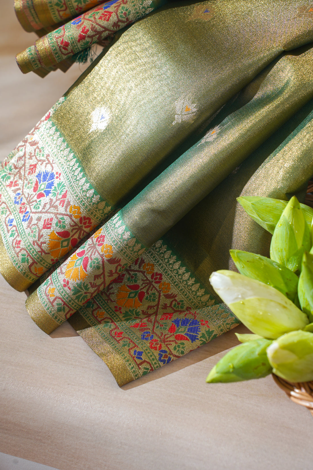 Olive Green Paithani Minakari Tissue Silk Saree