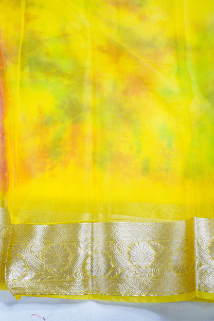 Multicolor Yellow Organza Badal Print Saree