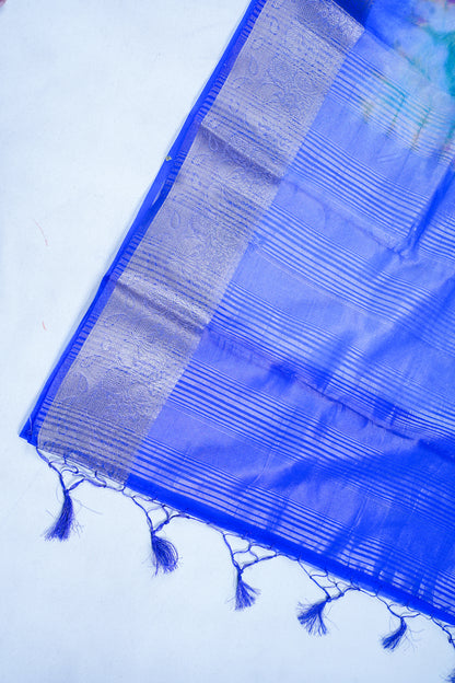 Multicolor Blue Organza Badal Print Saree