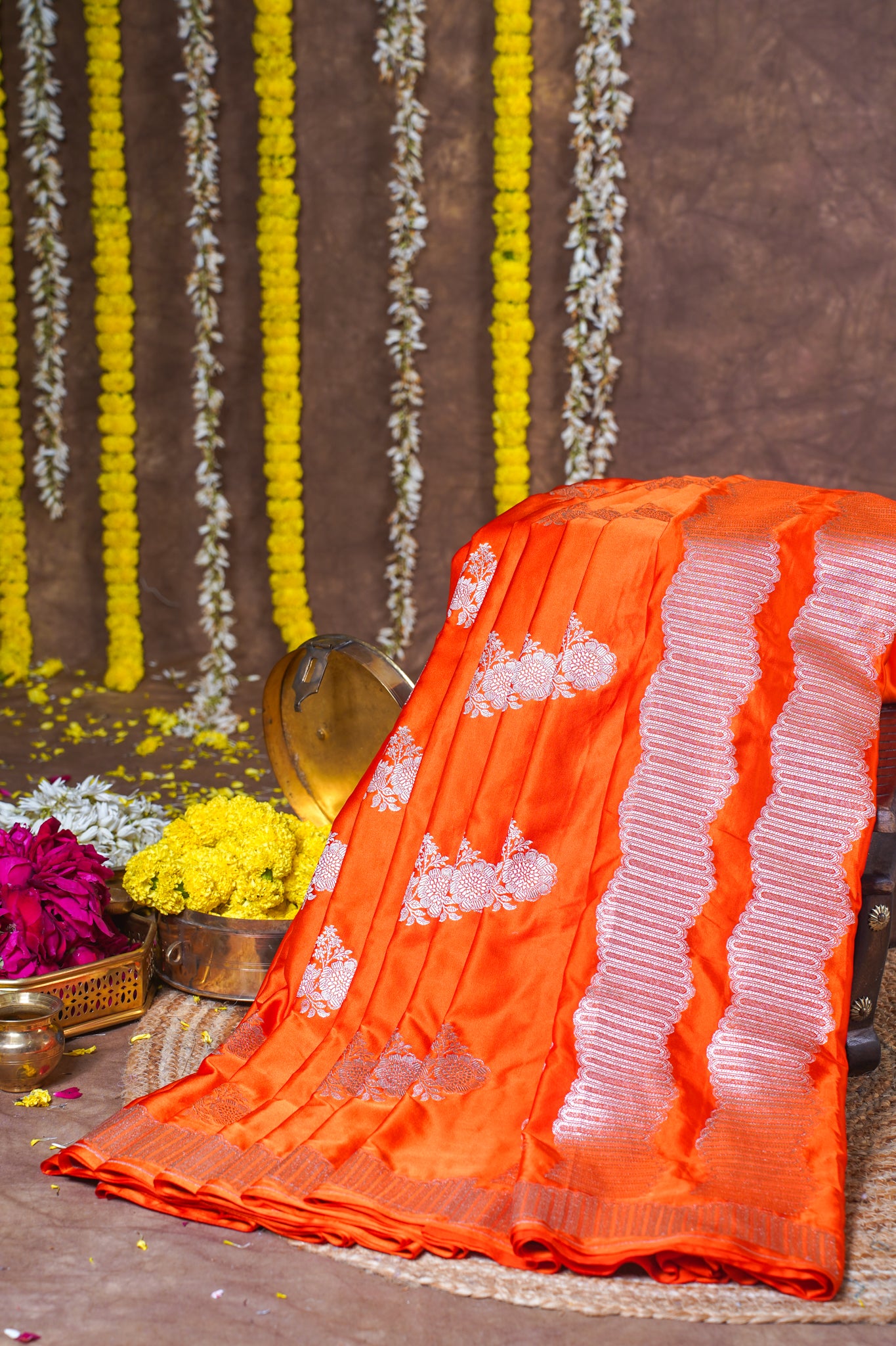 Bright Orange Banarasi Mashru Katan Silk Saree