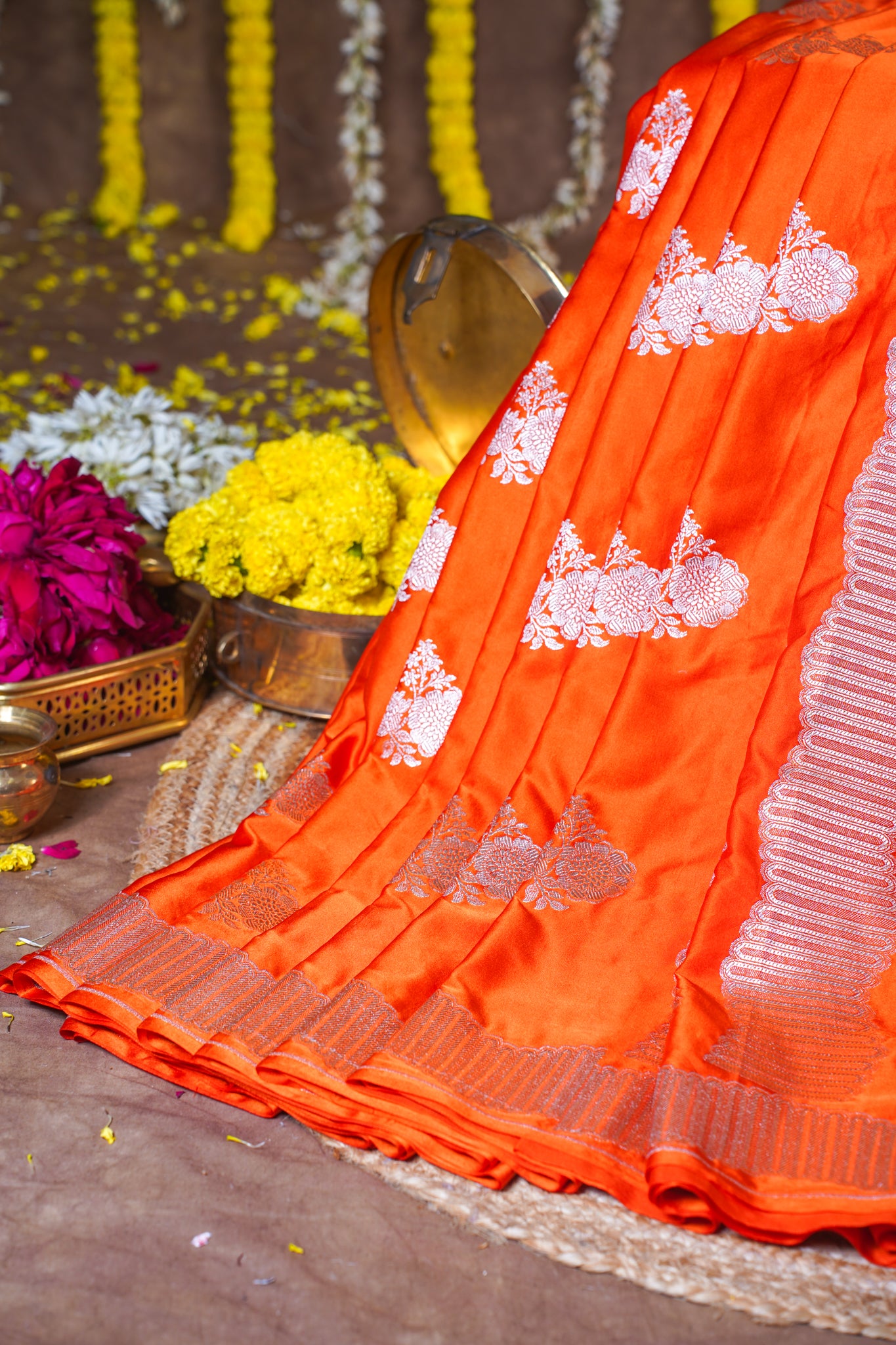 Bright Orange Banarasi Mashru Katan Silk Saree