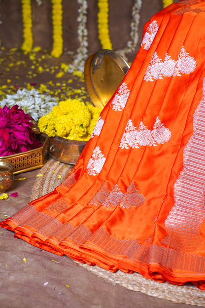 Bright Orange Banarasi Mashru Katan Silk Saree