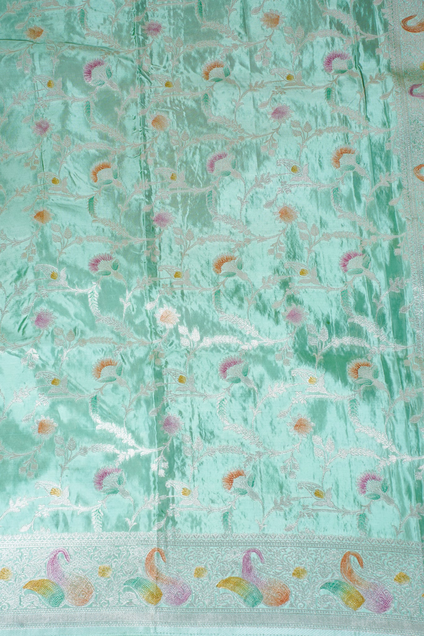 Mint Green Chinnon Silk Minakari Jaal Saree