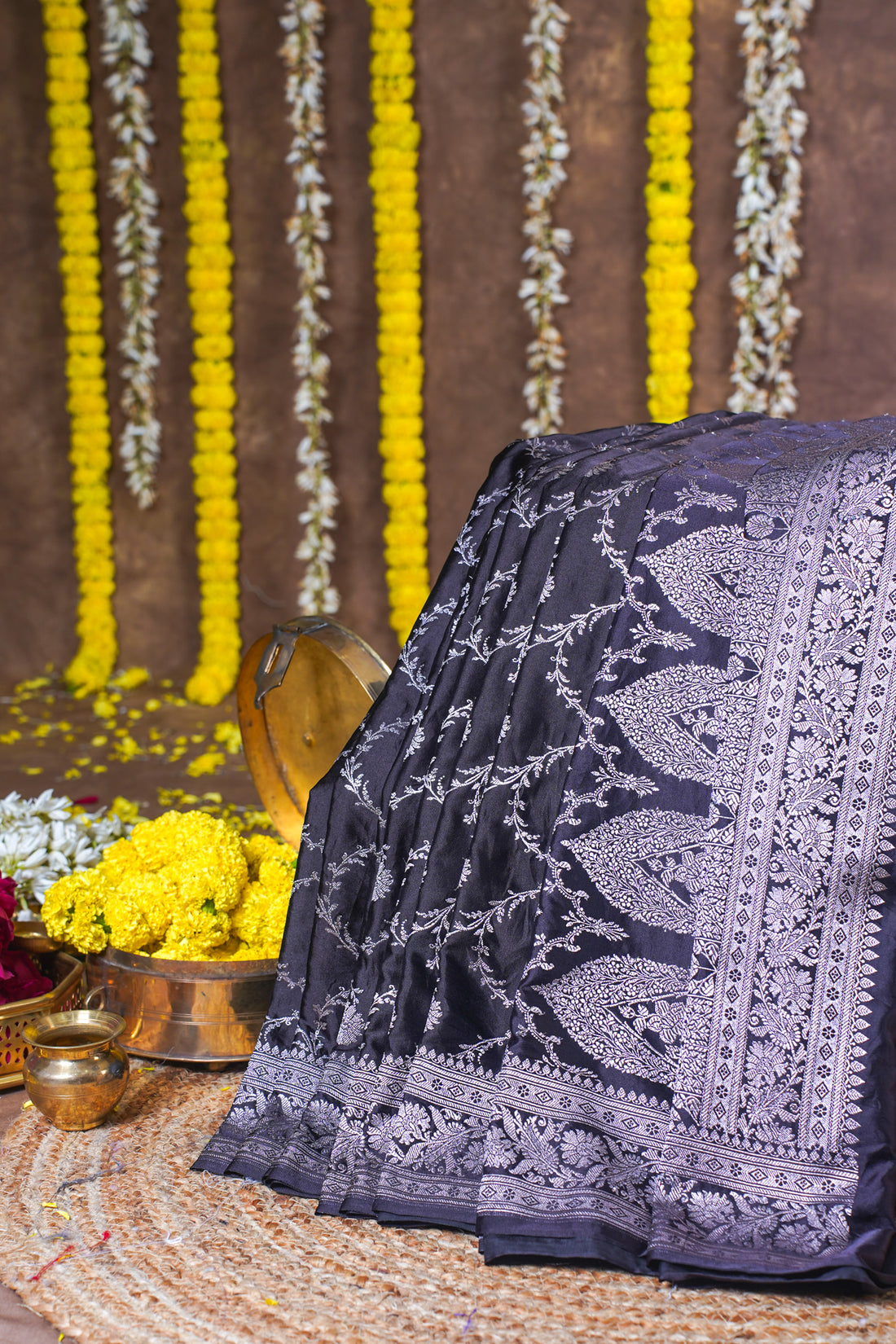 Charcoal Grey Banarasi Mashru Katan Silk Saree