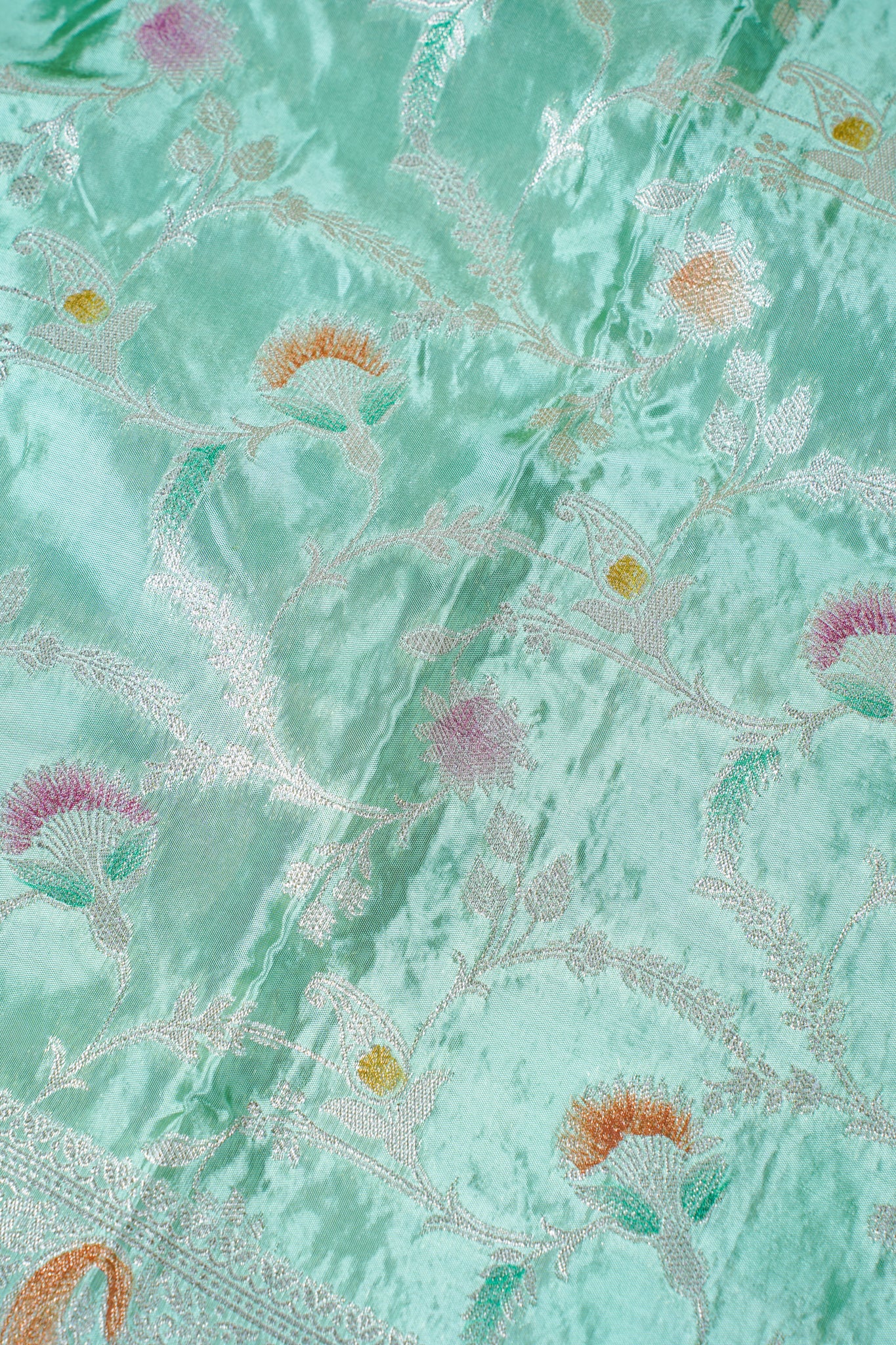 Mint Green Chinnon Silk Minakari Jaal Saree