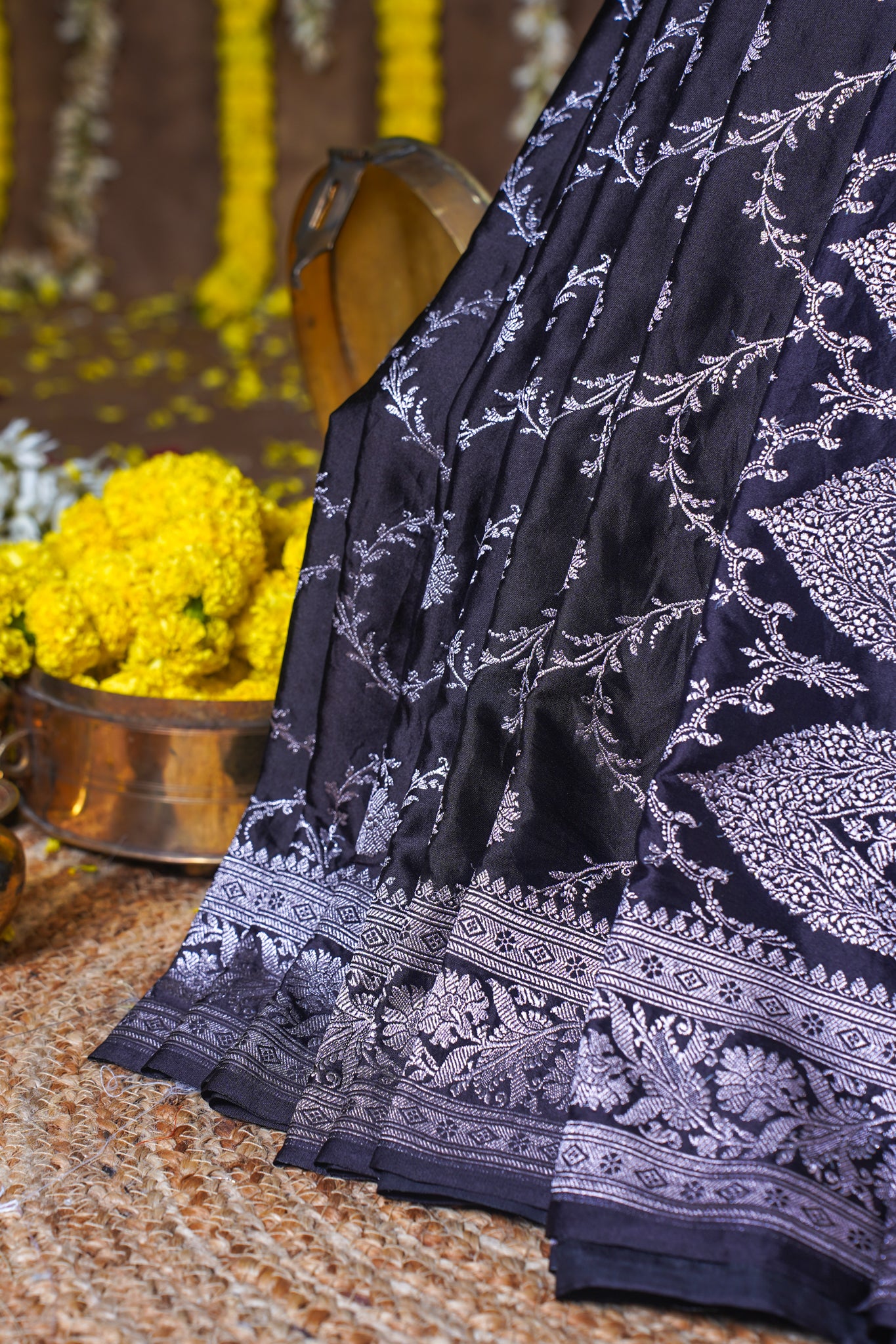 Charcoal Grey Banarasi Mashru Katan Silk Saree