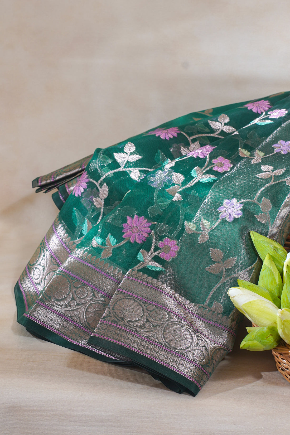 Green Organza Banarasi Tilfi Minakari Jaal Saree