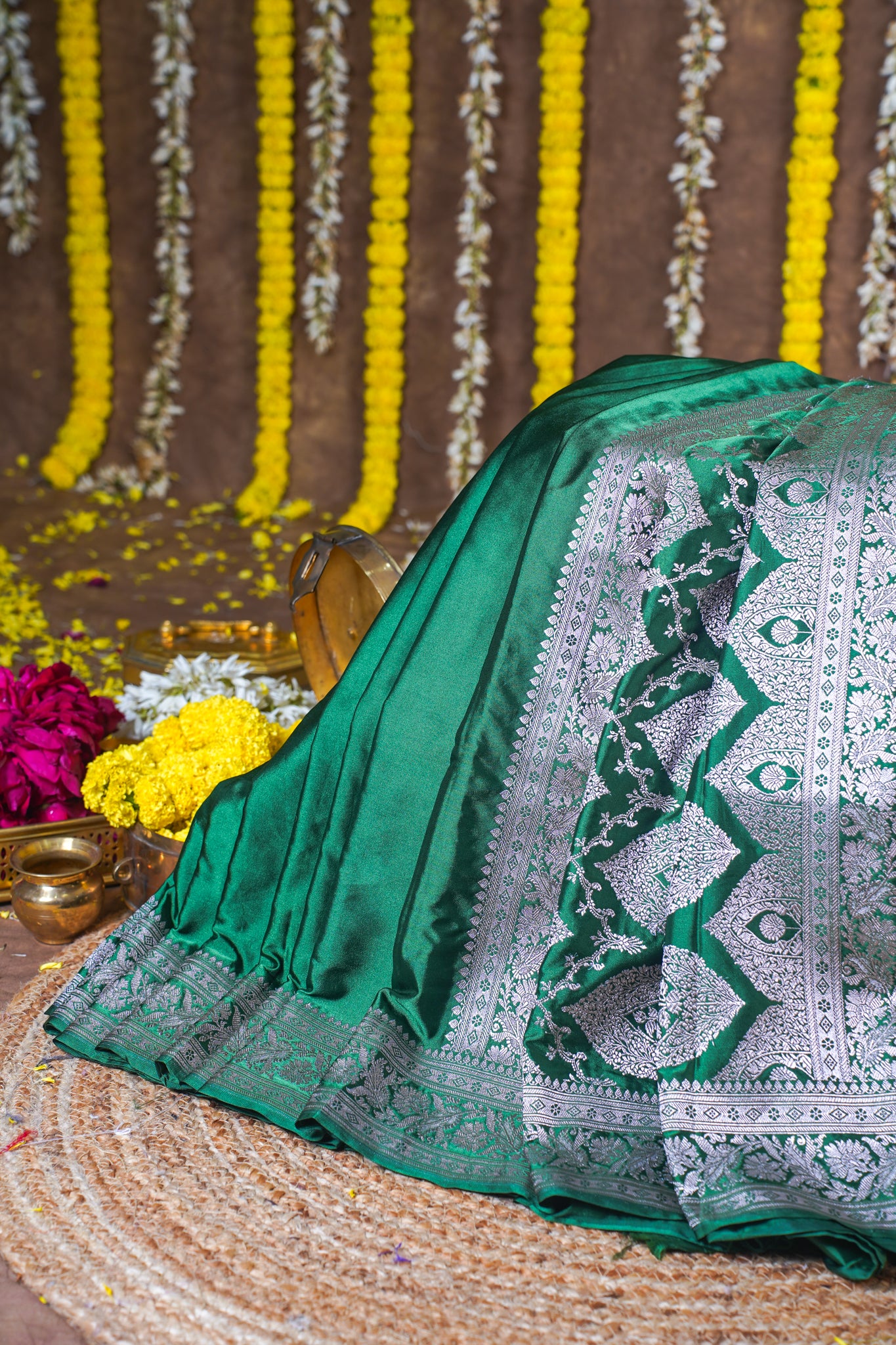 Bottle Green Banarasi Mashru Katan Silk Saree
