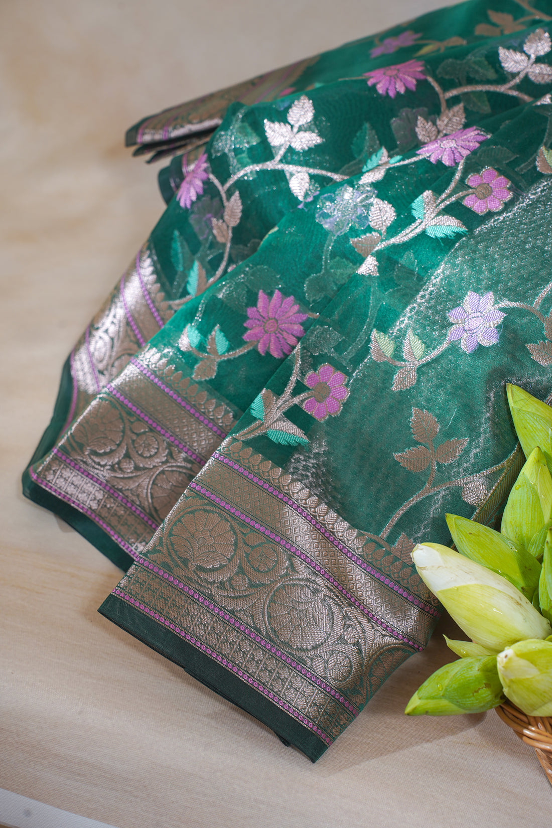Green Organza Banarasi Tilfi Minakari Jaal Saree