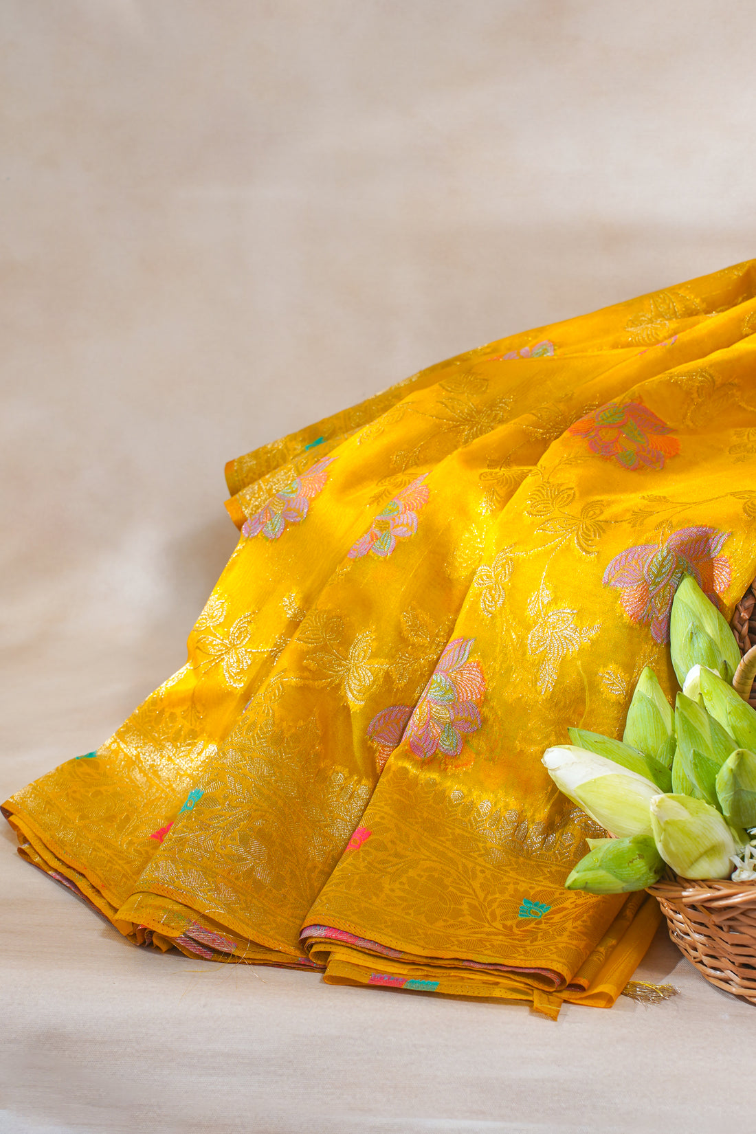 Mustard Yellow Organza Minakari Jaal Saree