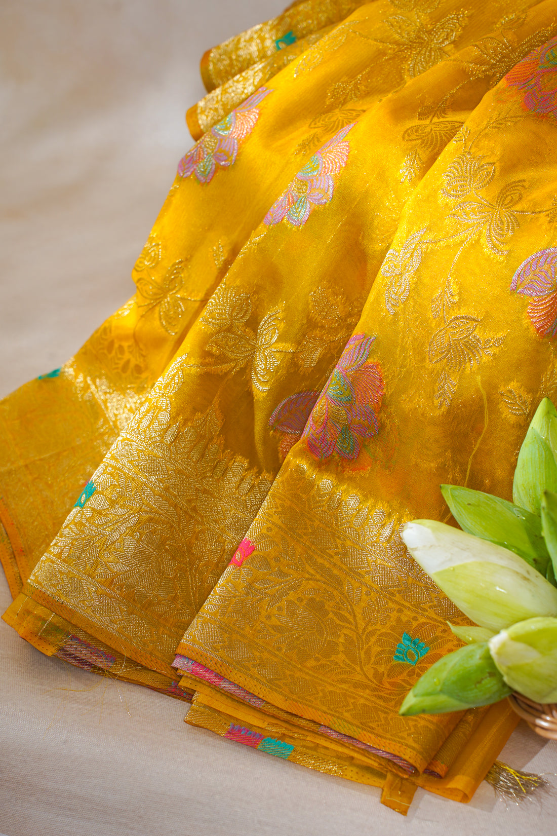 Mustard Yellow Organza Minakari Jaal Saree