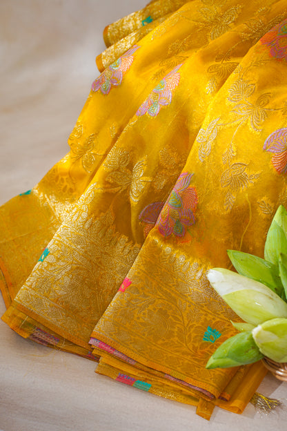 Mustard Yellow Organza Minakari Jaal Saree