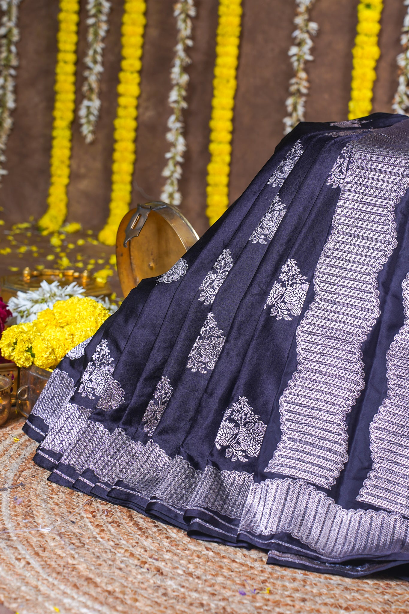 Deep Navy Blue Banarasi Mashru Katan Silk Saree