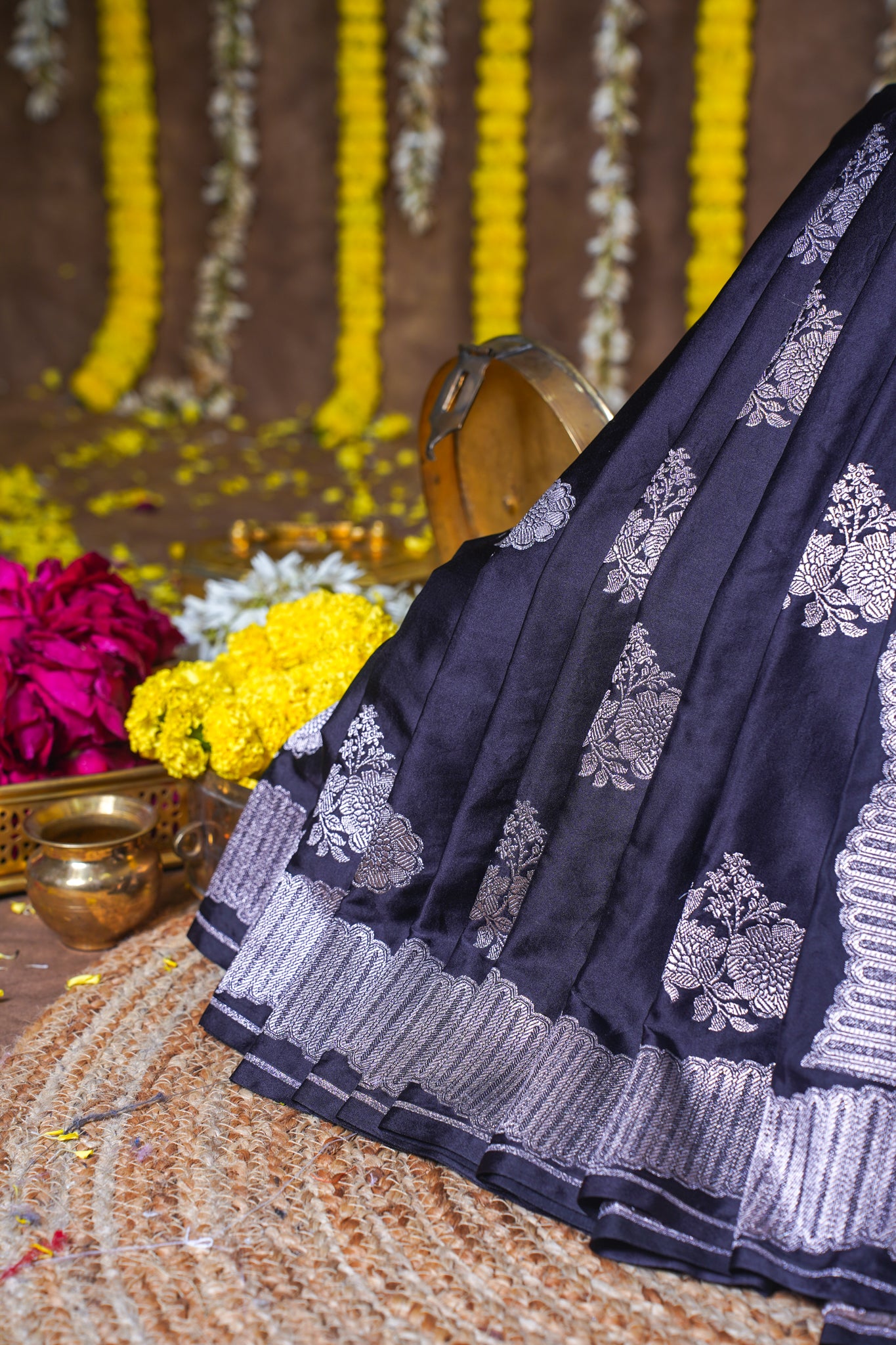 Deep Navy Blue Banarasi Mashru Katan Silk Saree