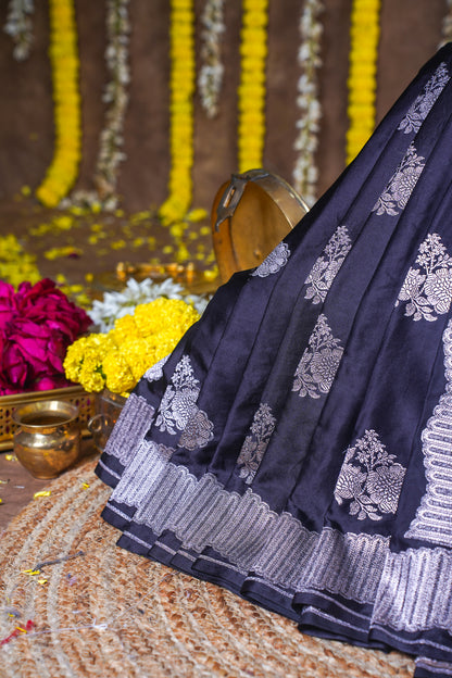 Deep Navy Blue Banarasi Mashru Katan Silk Saree