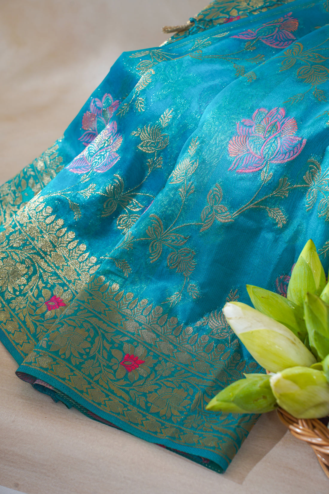 Turquoise Blue Organza Minakari Jaal Saree