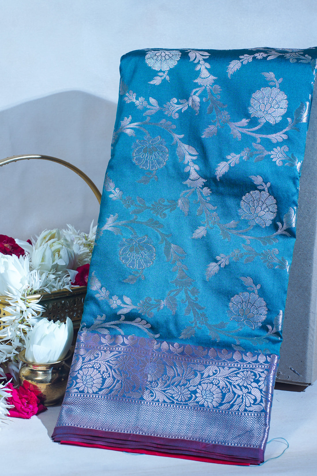 Teal Blue Banarasi Katan Alfi Jaal Saree