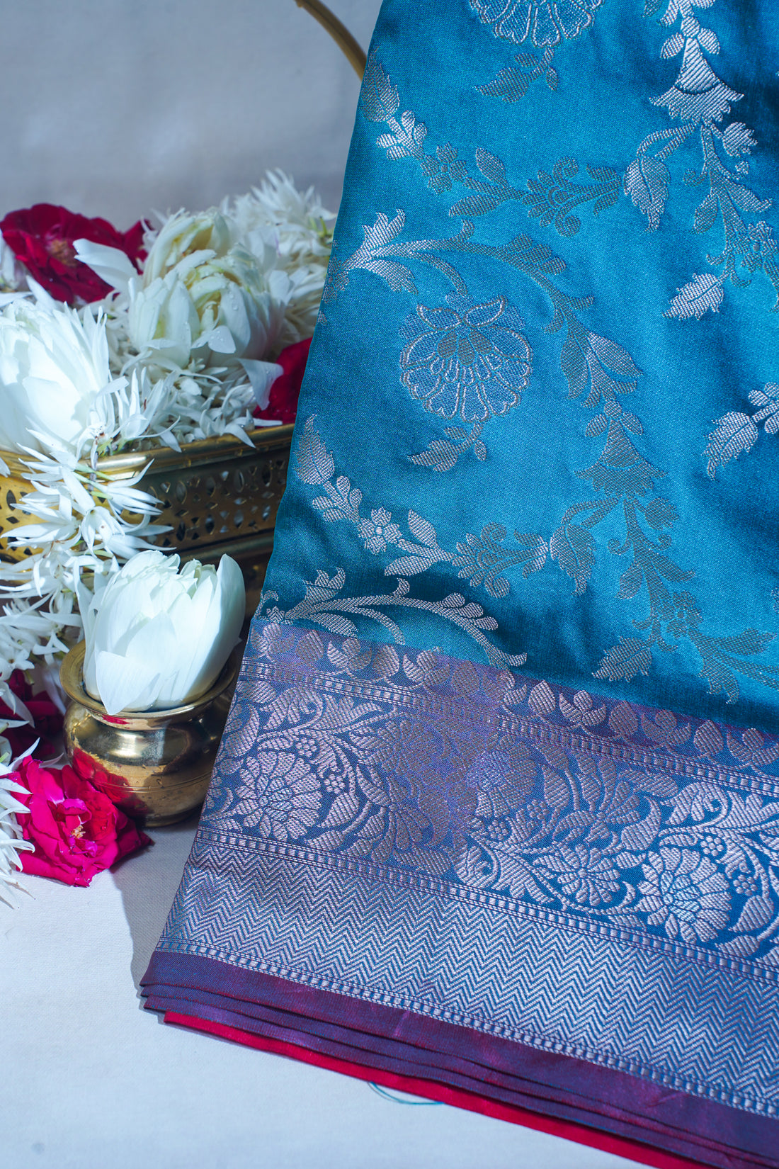 Teal Blue Banarasi Katan Alfi Jaal Saree