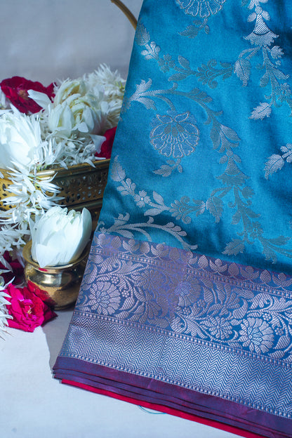 Teal Blue Banarasi Katan Alfi Jaal Saree
