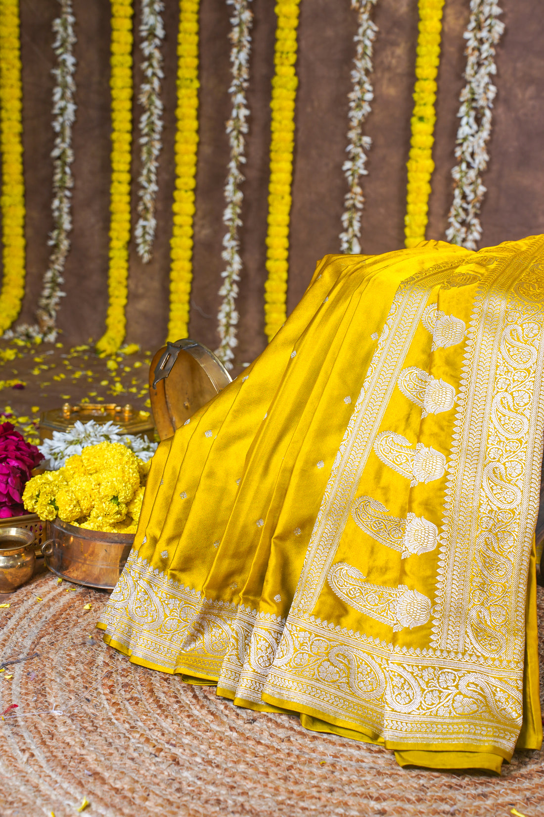 Mustard Yellow Banarasi Mashru Katan Silk Saree