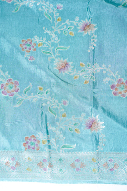 Aqua Blue Chinya Silk Minakari Jaal Saree
