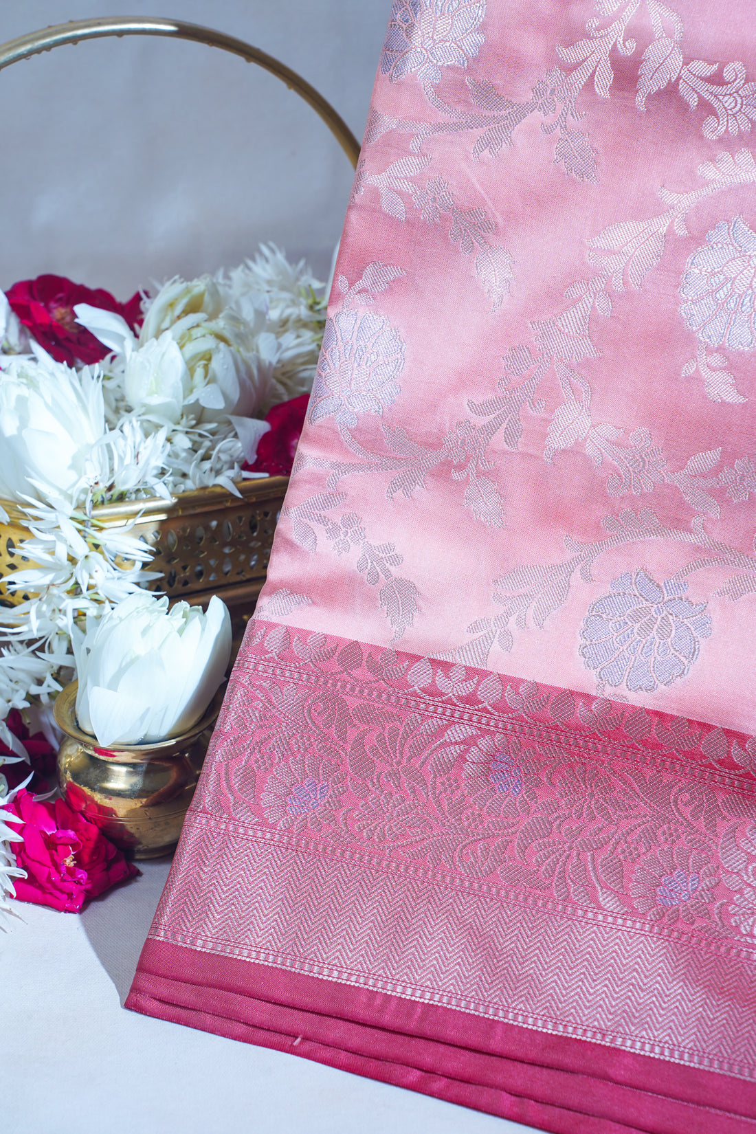 Peach Pink Banarasi Katan Alfi Jaal Saree