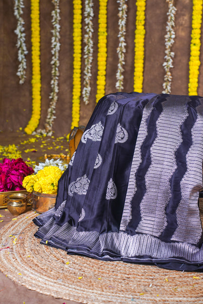Midnight Blue Banarasi Mashru Katan silk saree