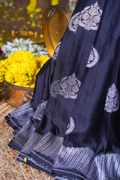 Midnight Blue Banarasi Mashru Katan silk saree