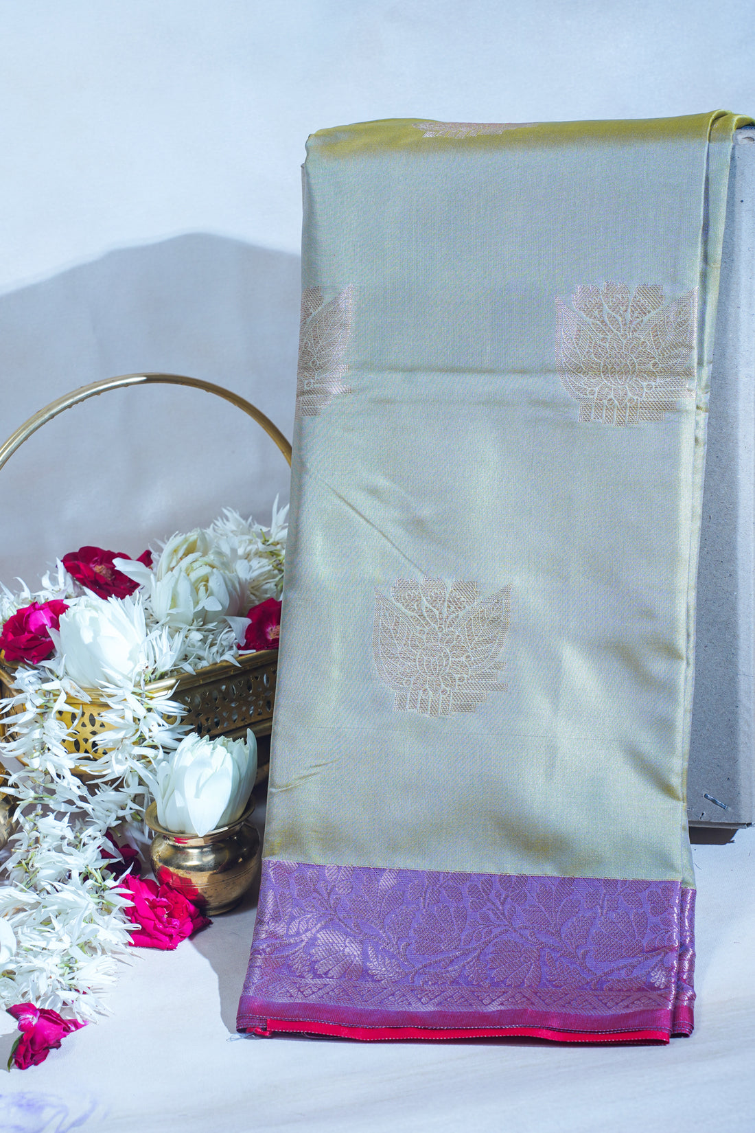 Pastel Grey-Green Banarasi Silk Saree with Buta Work