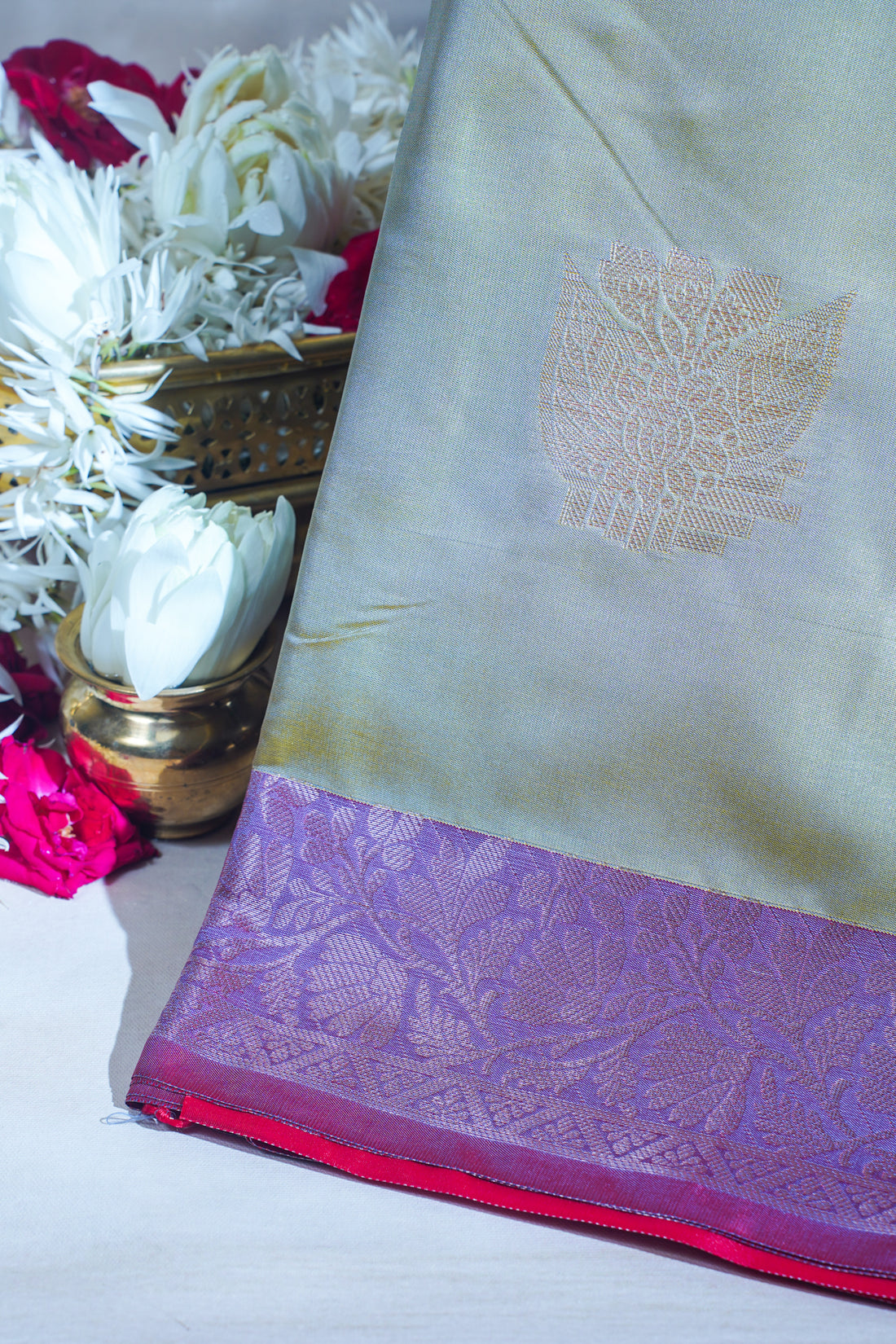 Pastel Grey-Green Banarasi Silk Saree with Buta Work