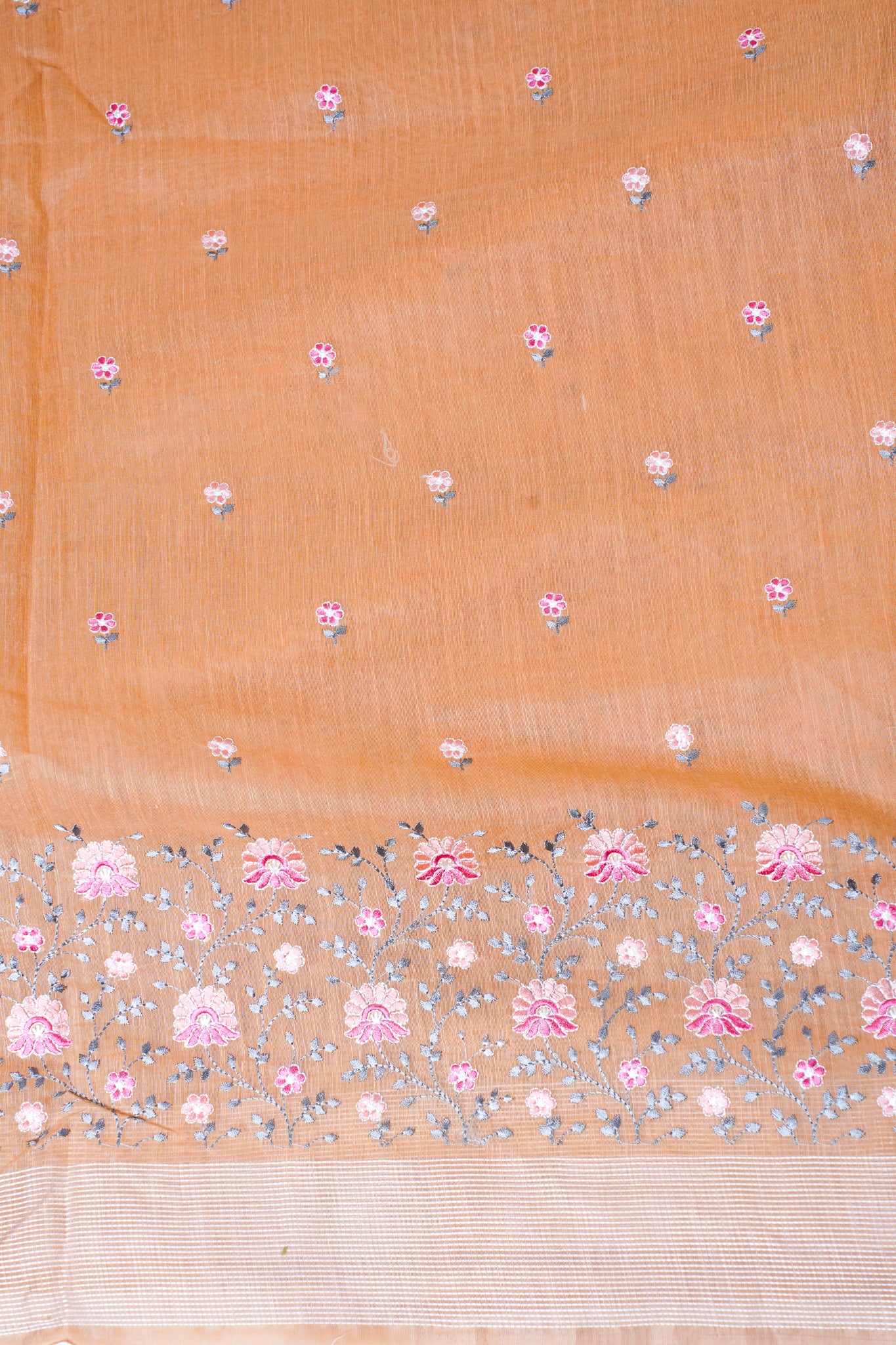 Peach Pure Linen Saree with Grey and Pink Chikankari Embroidery