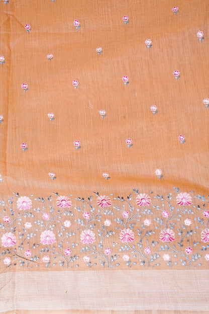 Peach Pure Linen Saree with Grey and Pink Chikankari Embroidery