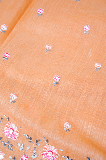 Peach Pure Linen Saree with Grey and Pink Chikankari Embroidery