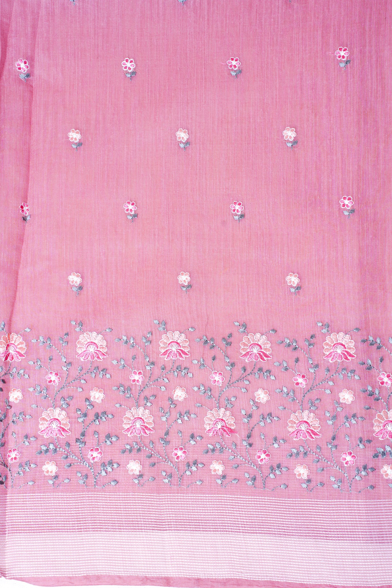Baby Pink Pure Linen Saree with Grey and Pink Chikankari Embroidery