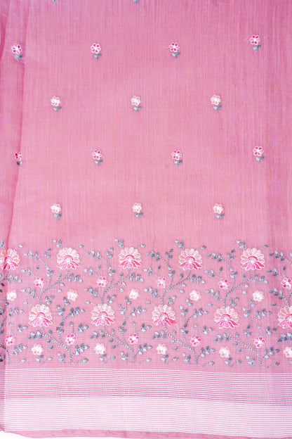 Baby Pink Pure Linen Saree with Grey and Pink Chikankari Embroidery