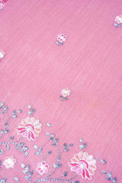 Baby Pink Pure Linen Saree with Grey and Pink Chikankari Embroidery