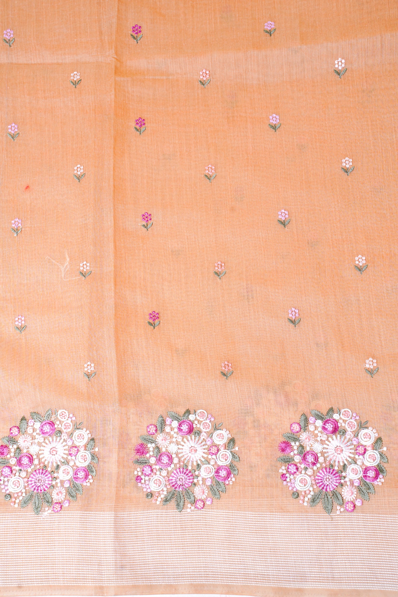 Peach Pure Linen Saree with Multicolor Chikankari Embroidery