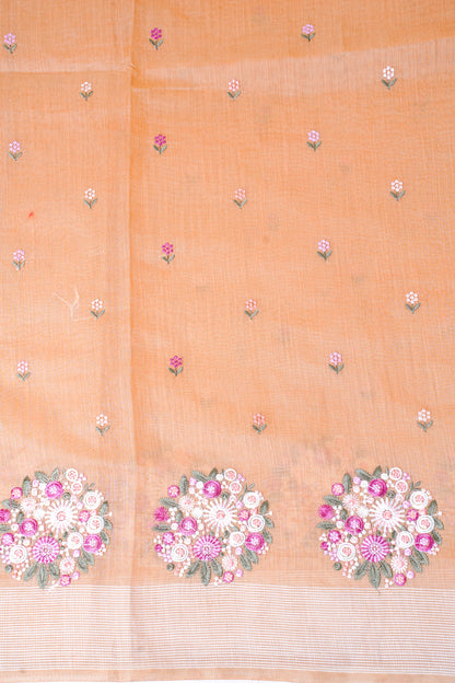 Peach Pure Linen Saree with Multicolor Chikankari Embroidery