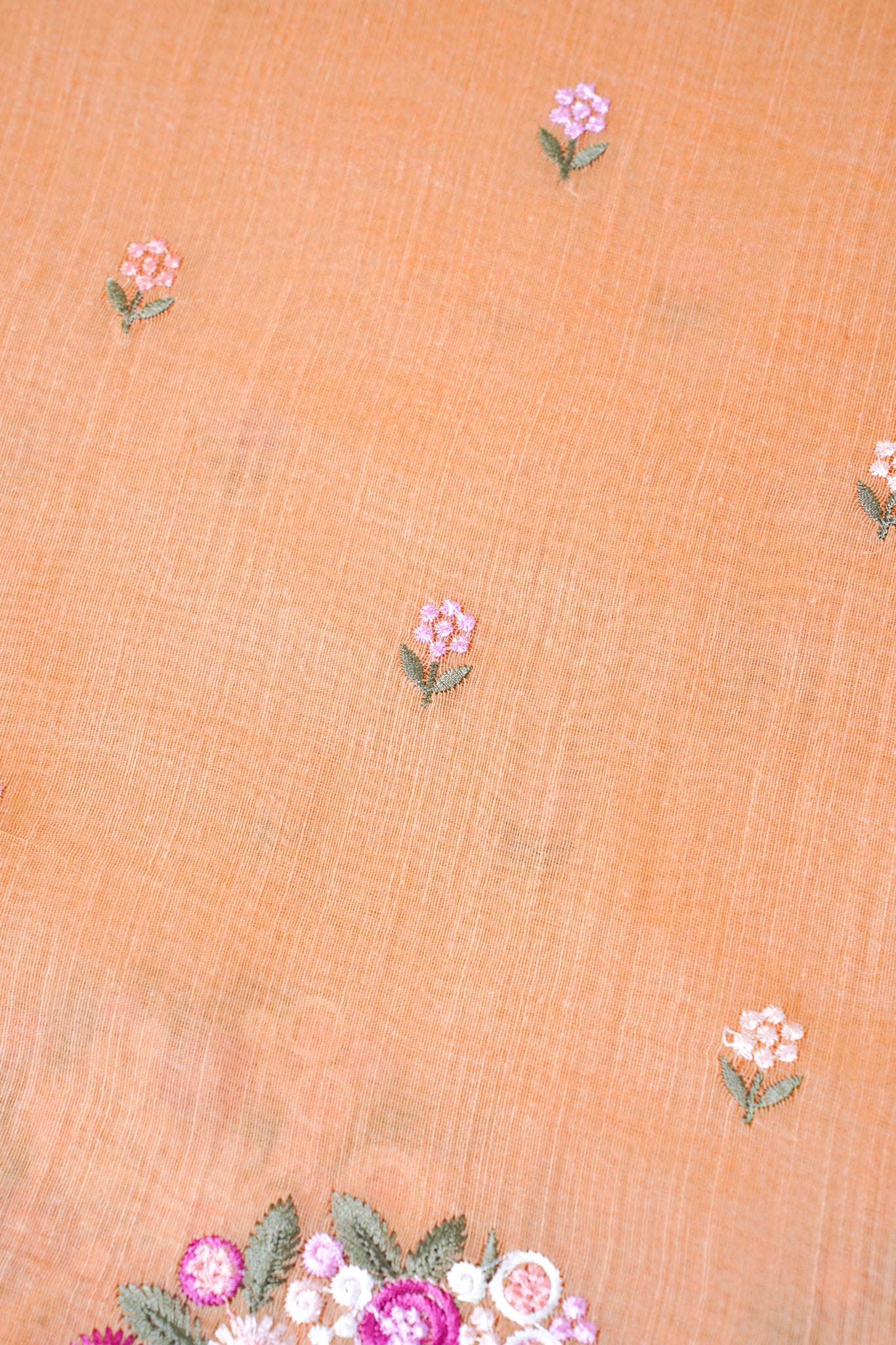 Peach Pure Linen Saree with Multicolor Chikankari Embroidery