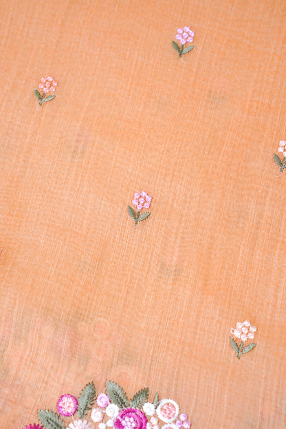 Peach Pure Linen Saree with Multicolor Chikankari Embroidery