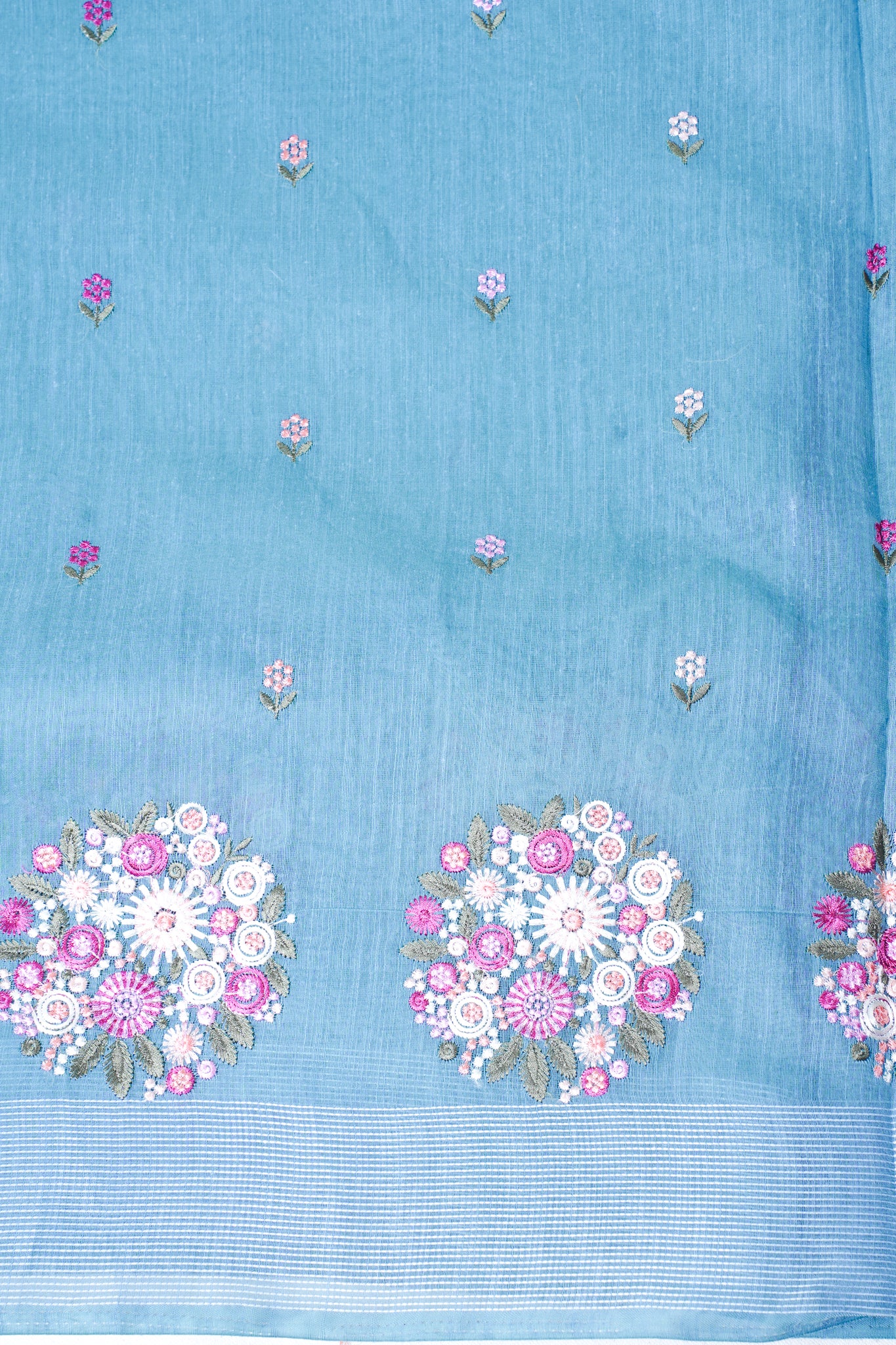 Sky Blue Pure Linen Saree with Multicolor Chikankari Embroidery