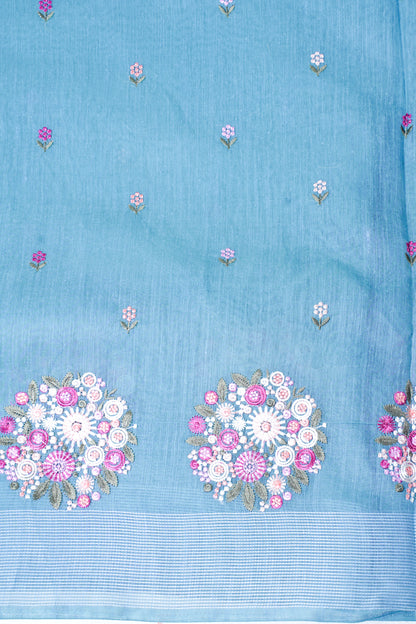 Sky Blue Pure Linen Saree with Multicolor Chikankari Embroidery