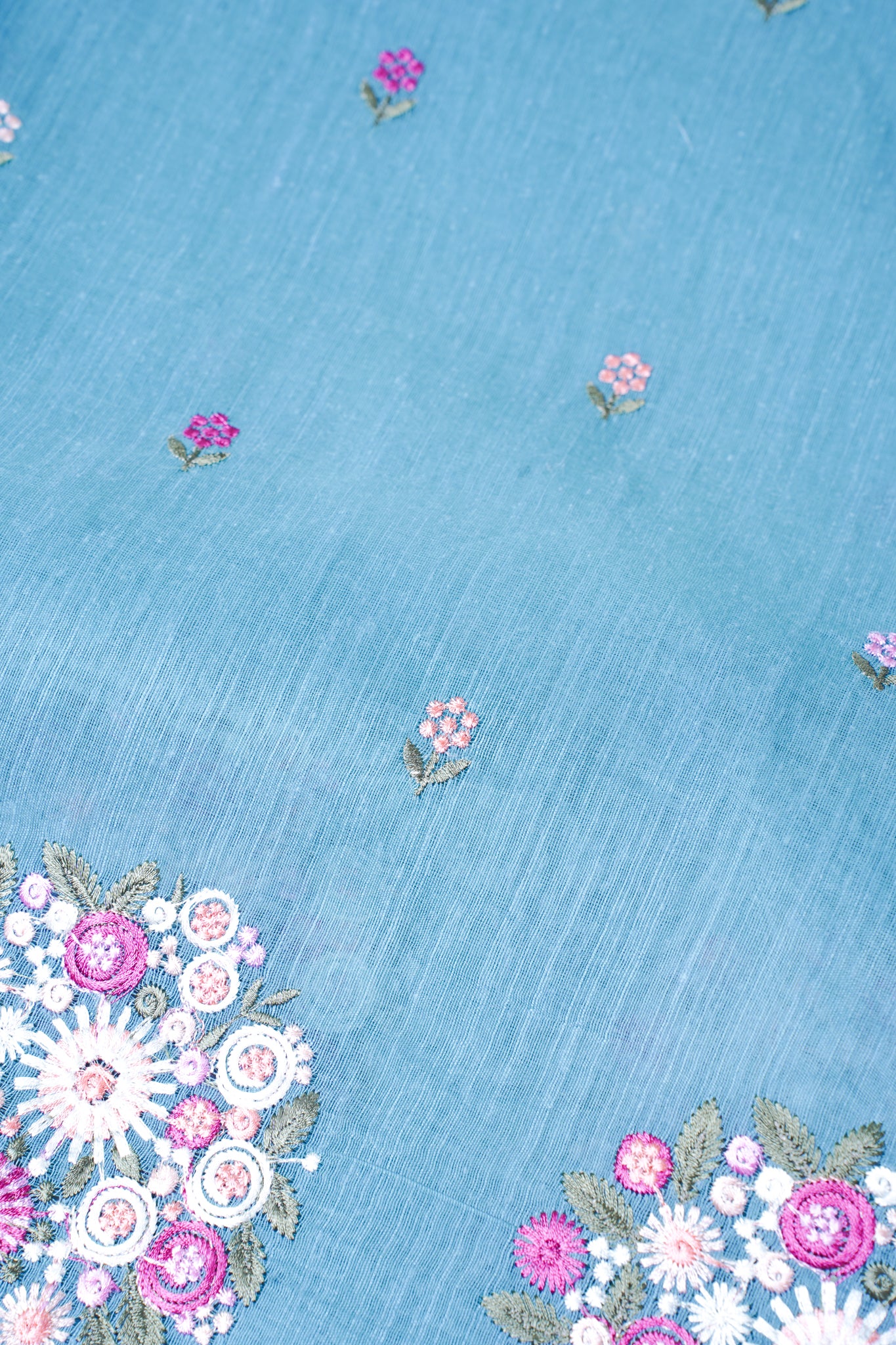 Sky Blue Pure Linen Saree with Multicolor Chikankari Embroidery