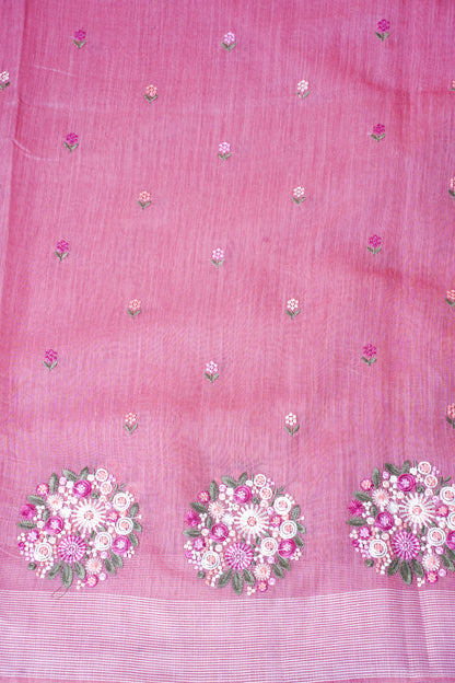 Rose Pink Pure Linen Saree with Multicolor Chikankari Embroidery