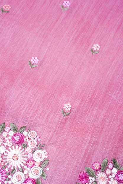 Rose Pink Pure Linen Saree with Multicolor Chikankari Embroidery