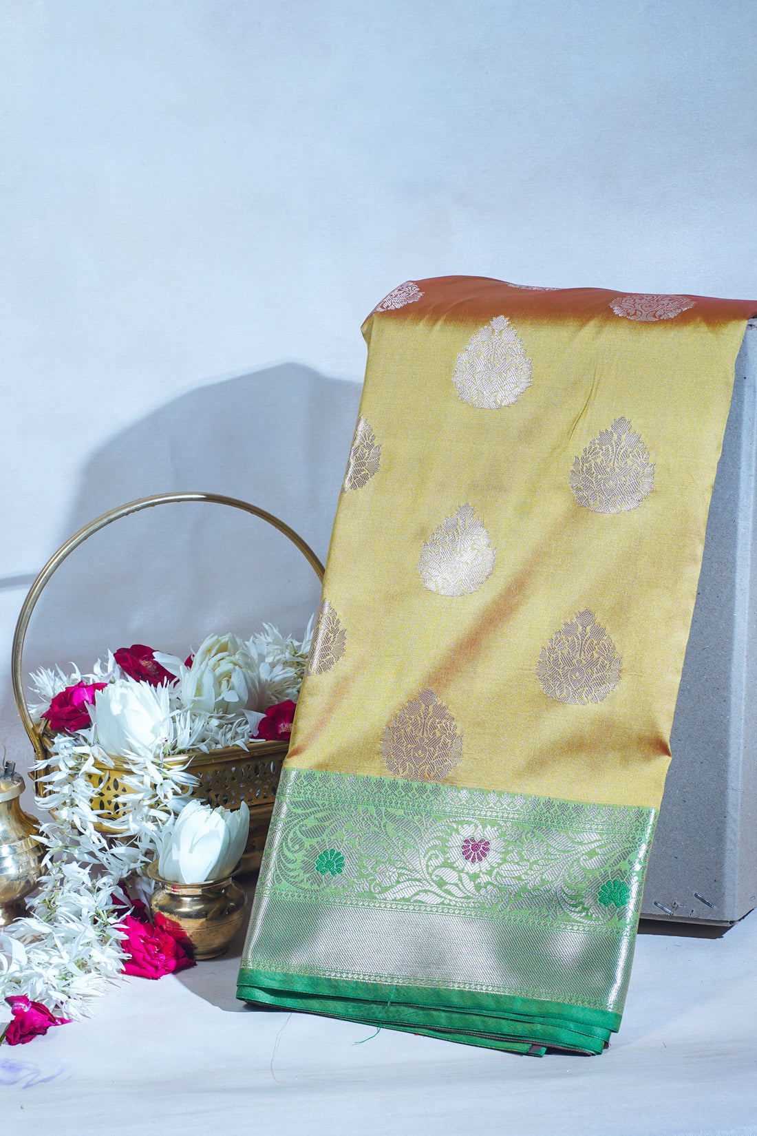 Yellow-Golden Katan Alfi Buta Saree